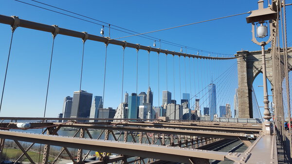 Manhattan view from Brooklyn Bridge, NYC, USA.