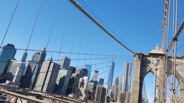 Manhattan view from Brooklyn Bridge, NYC, USA.