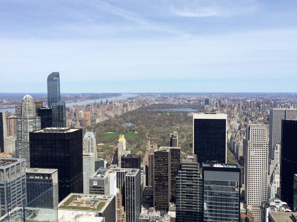 New York, USA - April 19, 2015: Central Park is one of the most famous places on Manhattan, New York City. Rockefeller Center Observation Deck view. Mobile photo.