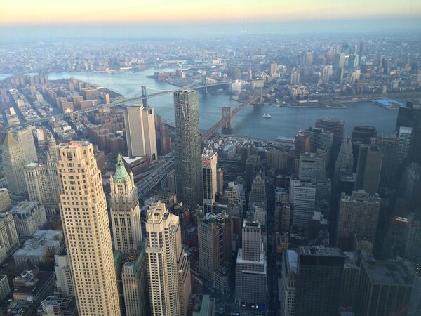 New York, USA - December 6, 2015: Manhattan view with all its famous skyscrapers and buildings, New York City. One World Observatory Deck view. Mobile photo.