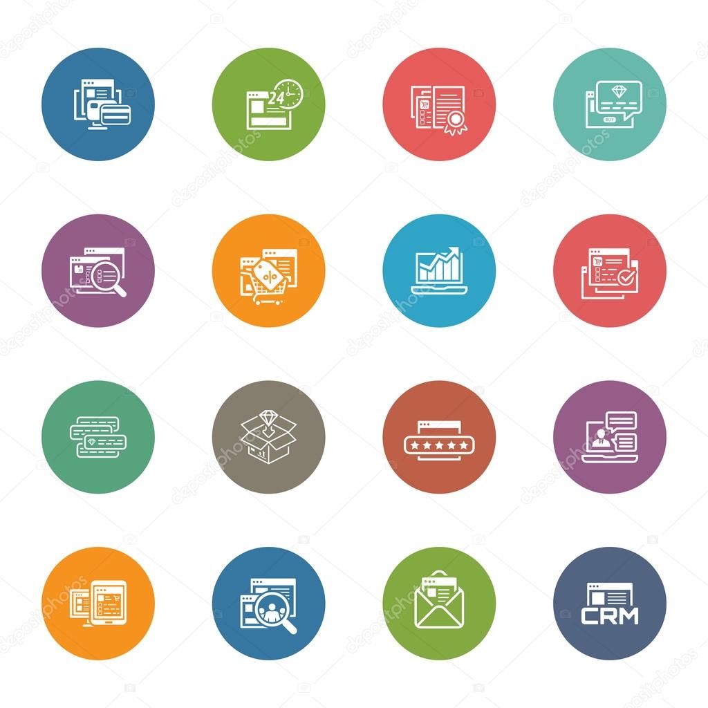 Flat Design Shopping and Marketing Icons Set. Online payment and shopping symbol, discount and one time offer symbol, traffic icon and internet marketing, crm icon and e-mail marketing symbol.
