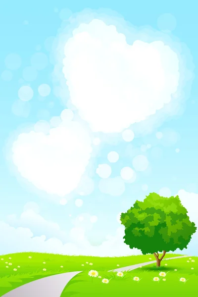 Зелений пейзаж з дерева і серце форму хмар — стоковий вектор