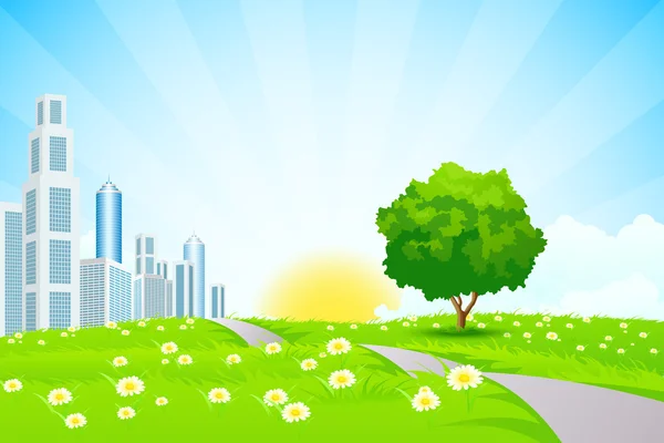 Paisaje verde con ciudad — Vector de stock