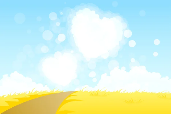Sárga táj, a közúti és a szív alakú felhők — Stock Vector
