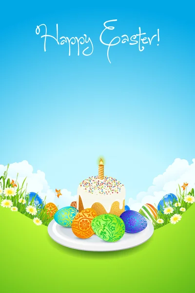 Easter Card with Landscape, Cake and Decorated Eggs — Stock Vector
