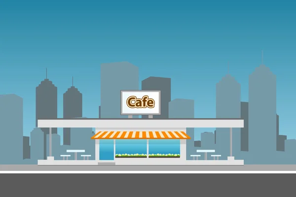 Paisaje urbano con edificio de cafetería. Ilustración plana . — Vector de stock