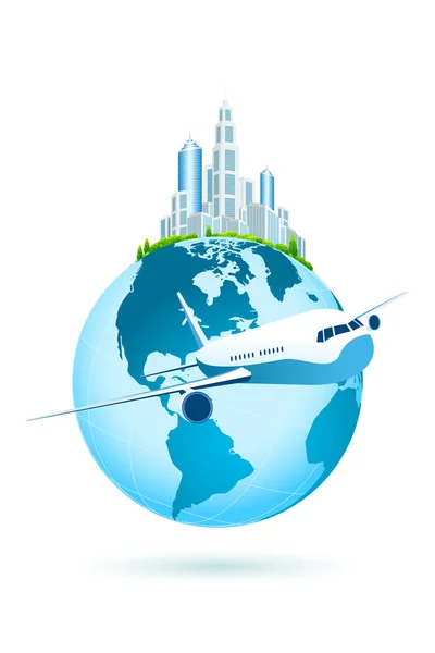 Icona della Terra con Business City e Airbus. Isolato sul dorso bianco — Vettoriale Stock