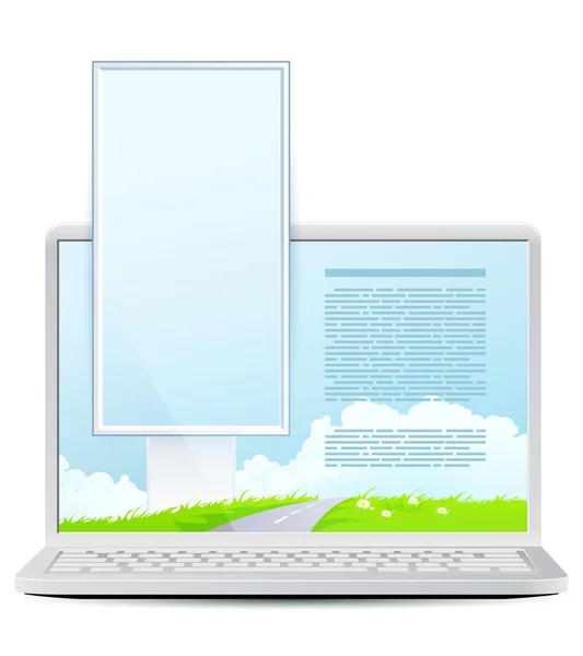 Laptop with Green Landscape and Vertical Bigboard Icolated on Wh — Stock Vector