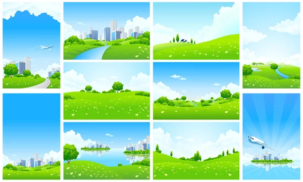 Fresh Green Landscape Backgrounds Set — Stock Vector