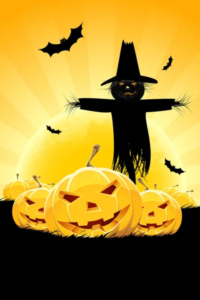 Halloween háttérrel, Pumpking és a madárijesztő — Stock Vector