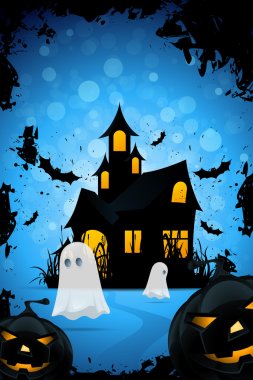 Halloween Background with Haunted House, Pumpkings and Ghosts