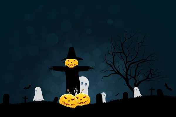 Halloween-Party Hintergrund mit Vogelscheuche, Geister Kürbisse und b — Stockvektor