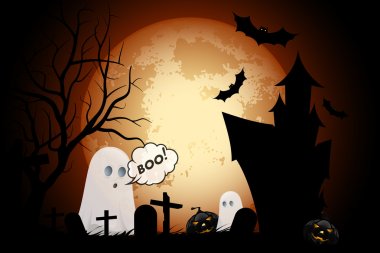 Halloween Background with Haunted House, Pumpkins and Ghosts