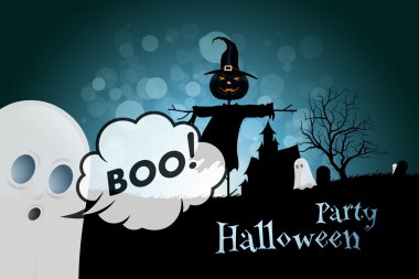 Halloween Party Background with Scarecrow, Ghosts, Pumpkins