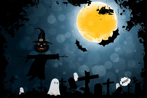 Fundo de Halloween Grungy com fantasmas e espantalho — Vetor de Stock