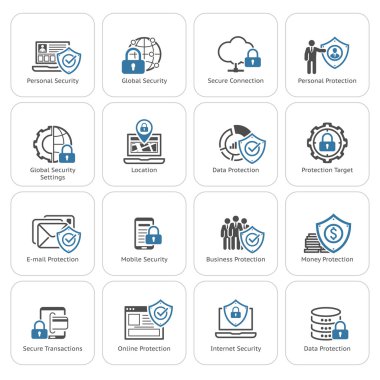 Düz tasarım koruma ve güvenlik Icons Set.