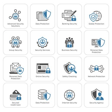 Düz tasarım koruma ve güvenlik Icons Set.