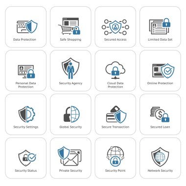 Düz tasarım koruma ve güvenlik Icons Set.