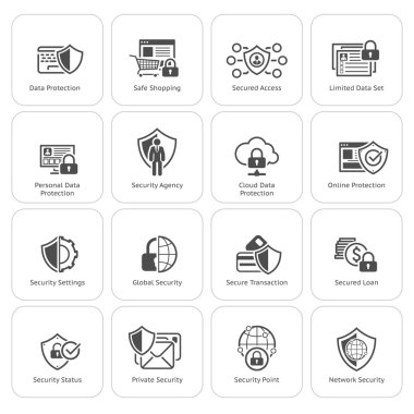 Düz tasarım koruma ve güvenlik Icons Set.