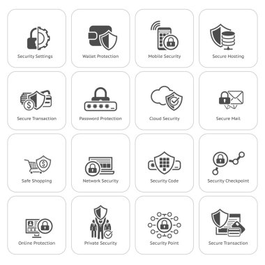 Düz tasarım koruma ve güvenlik Icons Set.