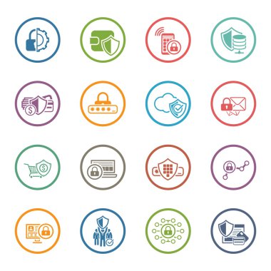 Düz tasarım koruma ve güvenlik Icons Set.