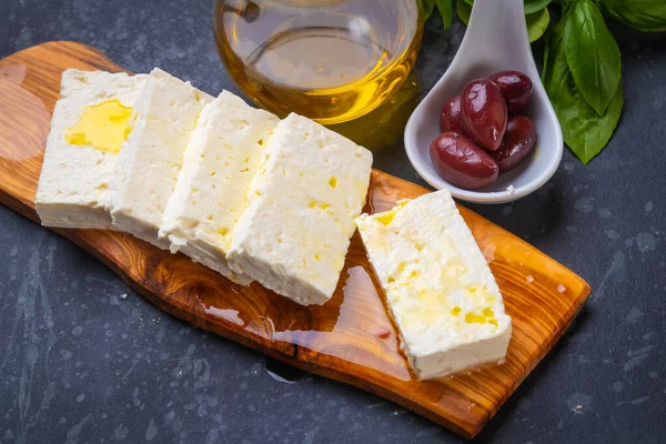 Greek Feta Cheese Slices Kalamata Olives Herbs — Stock Photo, Image