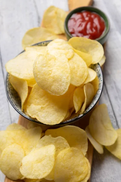 Potato Chips Crisps Popular Salty Snack Served Bowl — Stock Photo, Image
