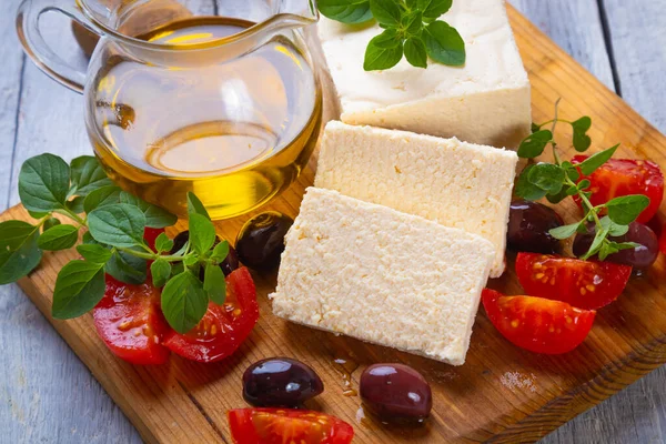 Greek Feta Cheese Slices Kalamata Olives Herbs — Stock Photo, Image