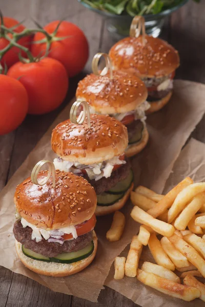 Mini hamburger patates kızartması ile — Stok fotoğraf