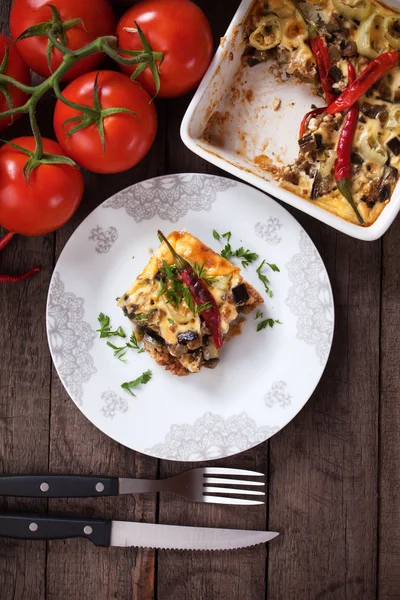 Moussaka dish with aubergine and chili pepper — Stock Photo, Image