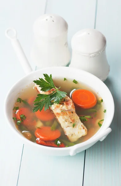 Sea food soup with cod fish steak — Stock Photo, Image