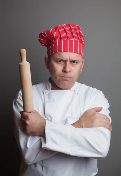 Angry chef with rolling pin — Stock Photo, Image