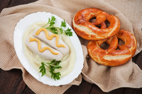 German white sausage with mashed potato — Stock Photo, Image