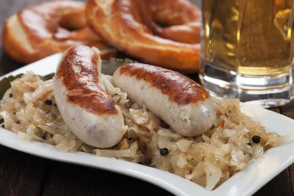 White german sausage with sauerkraut — Stock Photo, Image