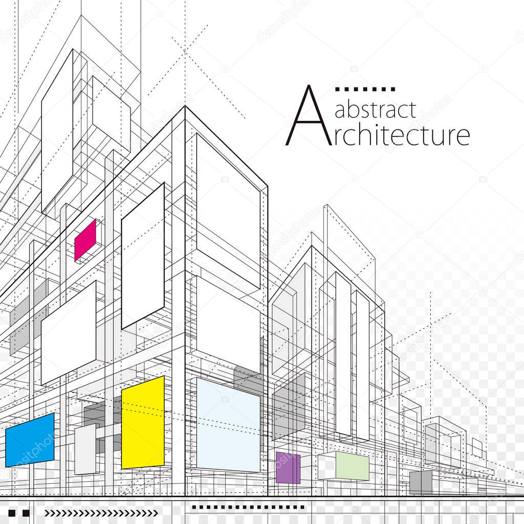3D illustration architecture building construction perspective design,abstract modern urban line drawing background.