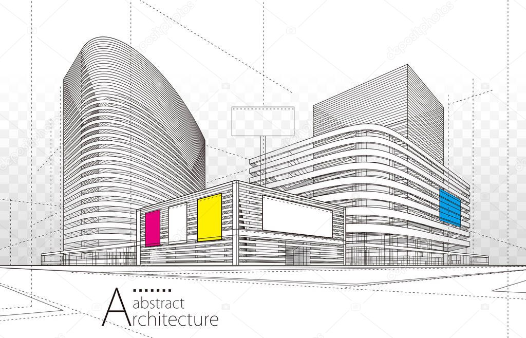 Architecture building construction perspective design, abstract modern urban line drawing background.