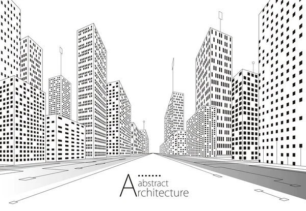 3Dイラスト想像力現代的な都市景観の背景 建築建物建設の視点デザイン図面 — ストックベクタ