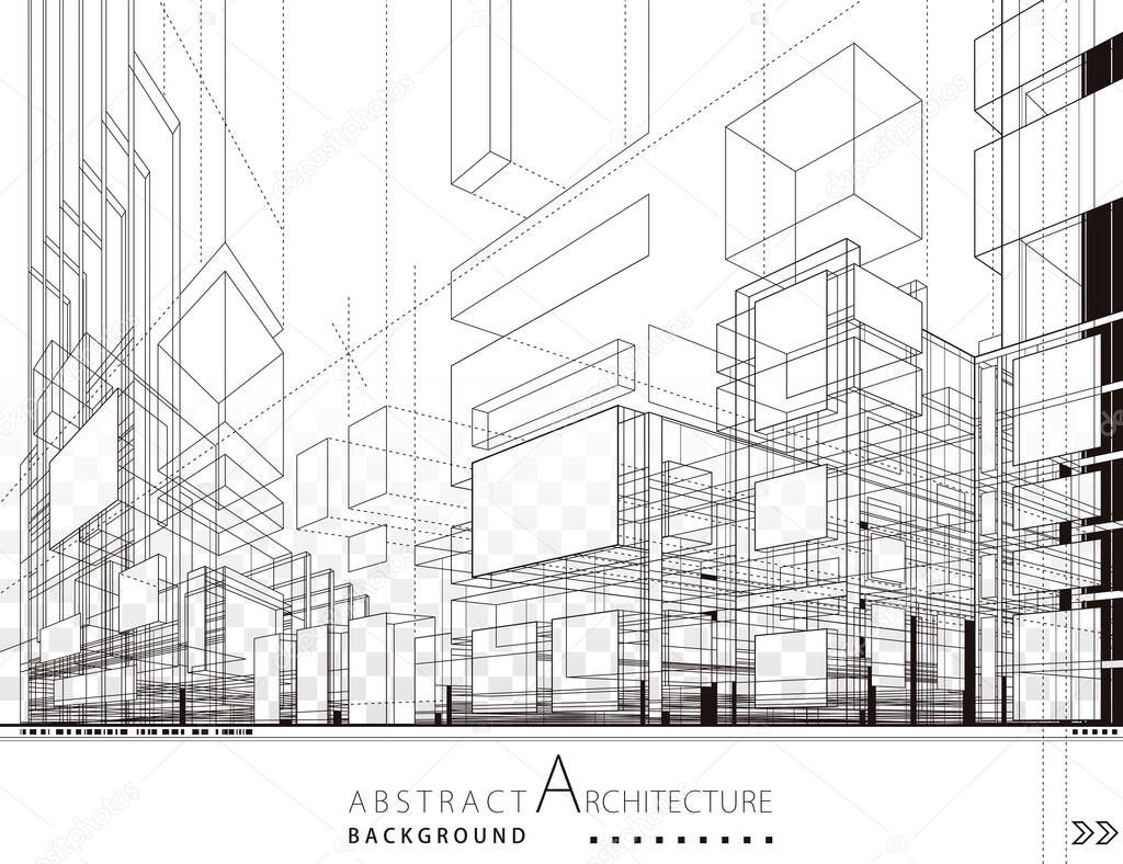 3D illustration linear drawing. Imagination architecture urban building design, architecture modern abstract background. 