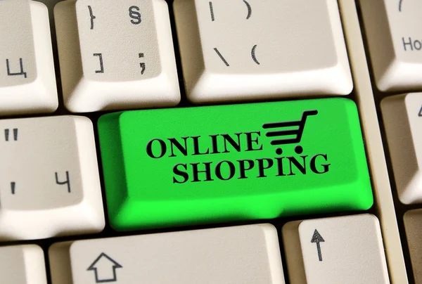 Zakupy online przycisk laptopa — Zdjęcie stockowe