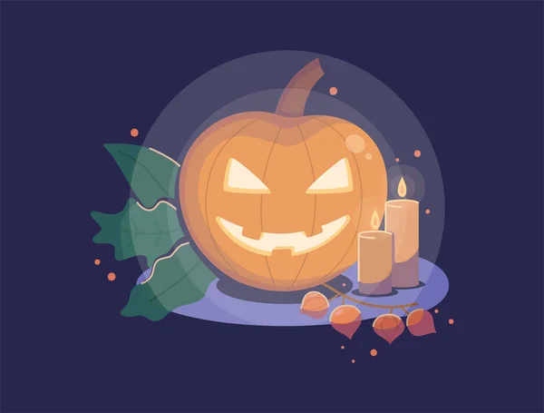 Composición con calabaza, velas y hojas sobre un fondo oscuro. — Vector de stock