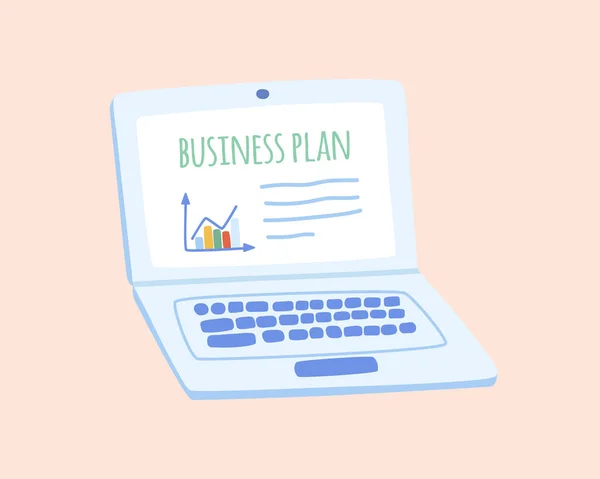 Laptop im handgezeichneten Stil, das Konzept der Arbeit an einem Businessplan. — Stockvektor