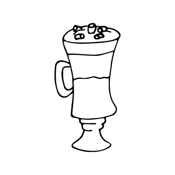 Vidro vetorial de chocolate quente com espuma e marshmallows em um estilo moderno doodle. — Vetor de Stock