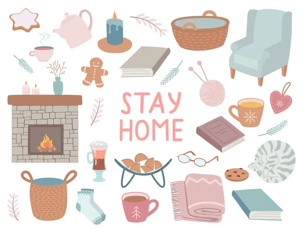 Set of isolated elements cozy home, stay at home. — Stock Vector