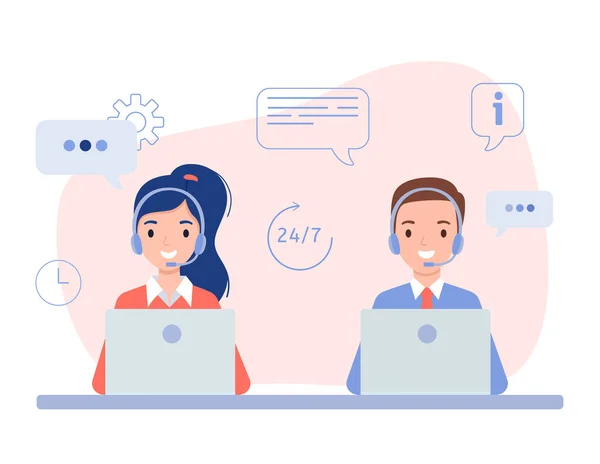 Uma menina e um cara em fones de ouvido, o conceito de um call center e suporte ao cliente online. —  Vetores de Stock