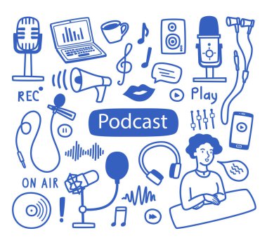 Podcastlar, çeşitli mikrofonlar, dizüstü bilgisayarlar, ses görüntüleri....