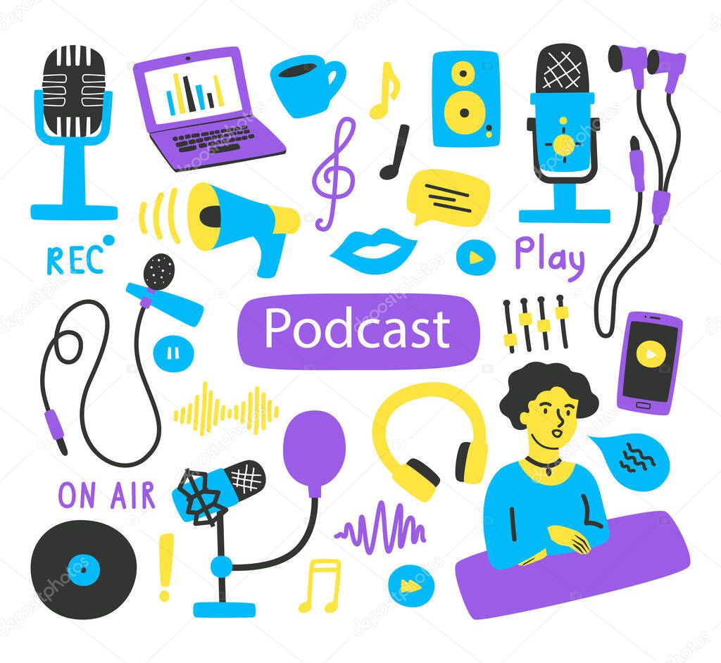 A set of elements and labels on the topic of recording podcasts, various microphones, a laptop, sound images.