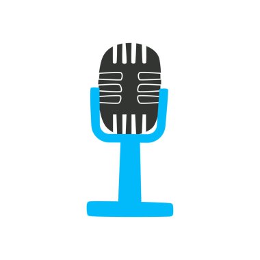 Beyaz arkaplanda izole edilmiş klasik metal stüdyo mikrofonu, düz simge