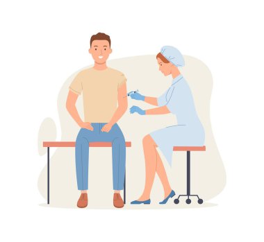 Aşı zamanı geldi. Doktor adamı aşıladı. Bağışıklığı iyi, COVID-19 aşısı ya da grip için. Düz bir şekilde vektör illüstrasyonu.