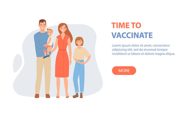 Время вакцинации баннера - счастливые родители с детьми защищены от вирусов и болезней. Хороший иммунитет, вакцинация против COVID-19 или гриппа.
