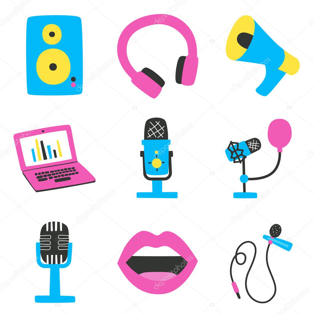 Set of elements and labels on the topic of recording podcasts, various microphones, a laptop, sound images. Bright vector illustration in a flat style, for banners, websites, packaging.